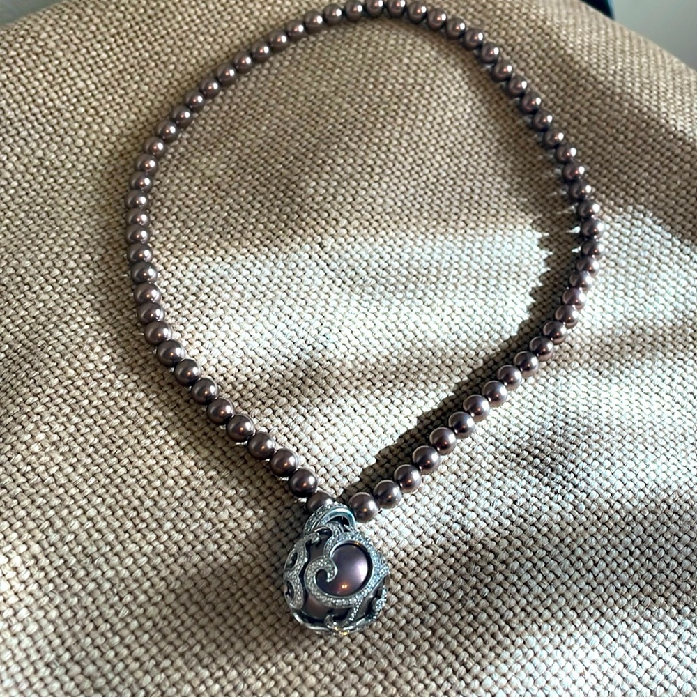 Belle Etoile Bronze Pearl Lariat and Diamond Necklace